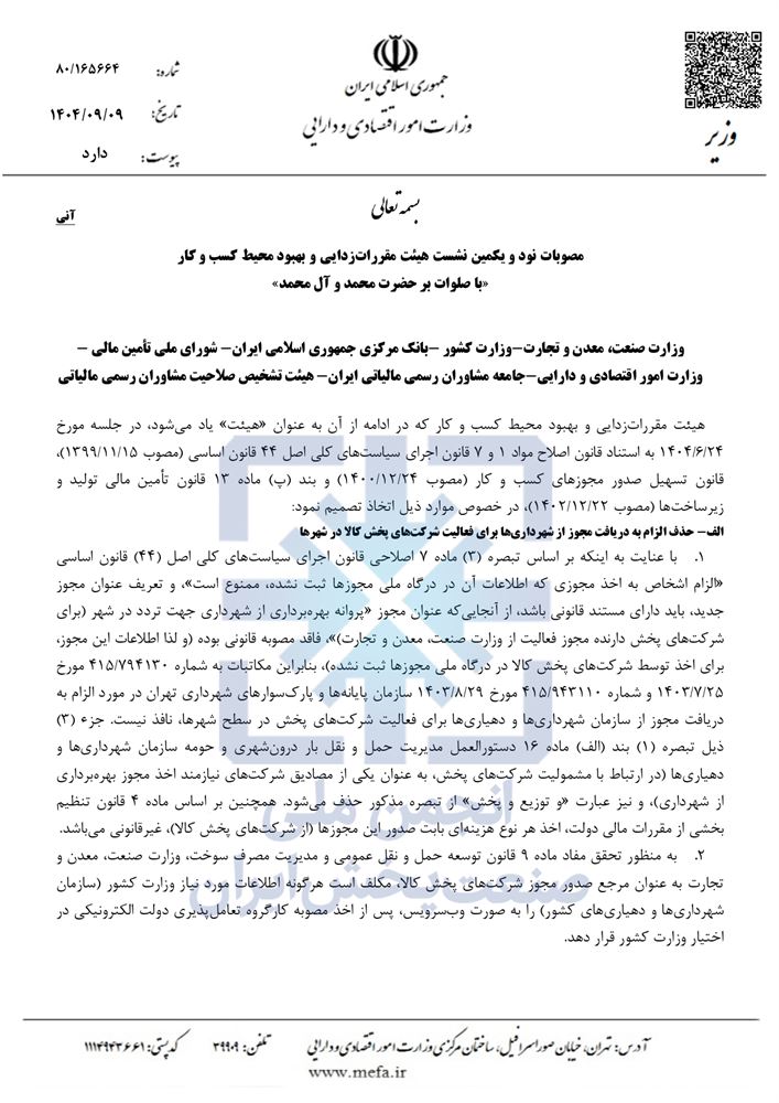 مصوبه هیئت مقررات زدایی 